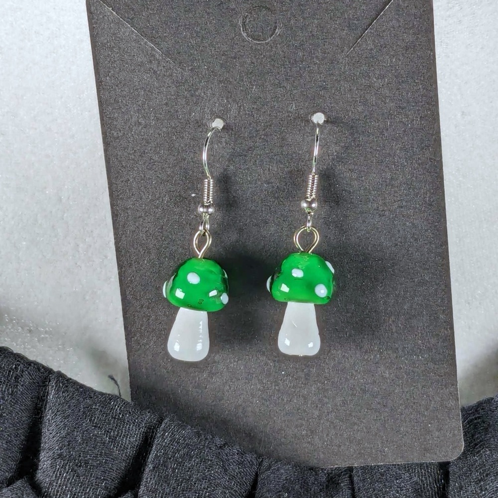 NWT handmade glass mushroom earrings! nickel free earrings  - GREEN